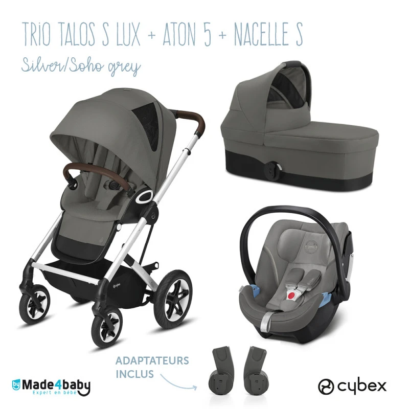 Trio Poussette Talos S Lux + Siège Aton 5 + Nacelle Cot S CYBEX Silver/Soho Grey 3 Trio Poussette Talos S Lux + Siège Aton 5 + Nacelle Cot S CYBEX Silver/Soho Grey